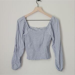 American Eagle Smocked Light Blue Polka Dot Long Sleeve Size Medium
